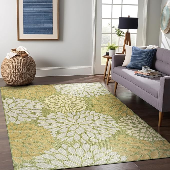 Beverly Rug Outdoor Rug 9x12 Modern Exotic Tropical Leaf Area Rugs for Indoor and Outdoor Patio Deck Porch Garden Water Resistant Washable Outside Carpet (9 x 12 Green)