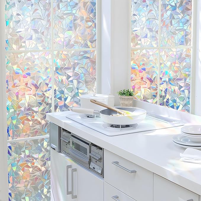 HIDBEA Window Privacy Film Static Clings, Rainbow Window Film, 3D Decals Non-Adhesive Window Vinyl Film for Home Door, 23.6 Inch x 6.5 Feet