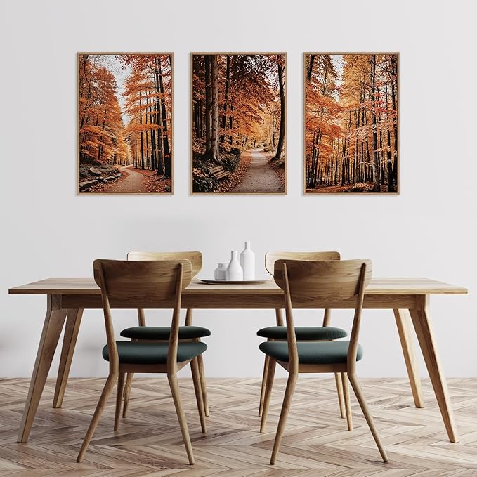 HLNIUC Autumn Forest Framed Canvas Wall Art,Fall Nature Pictures Wall Decor Set of 3(16”x24”) Large Maple Trees Trail Scenery Wall Painting,Modern Fall Landscape Art Print for Living Room,Bedroom