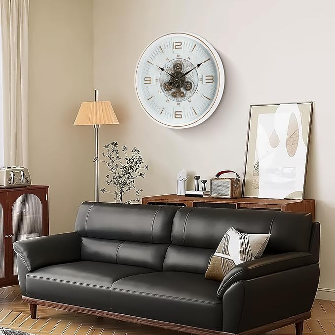 Maxstar Large Vintage Moving Gear Wall Clock, 20''Battery Operated Industrial Steampunk Metal Decor for Living Room, Office,Fireplace, Farmhouse(Arabic Number-Platinum Coating)