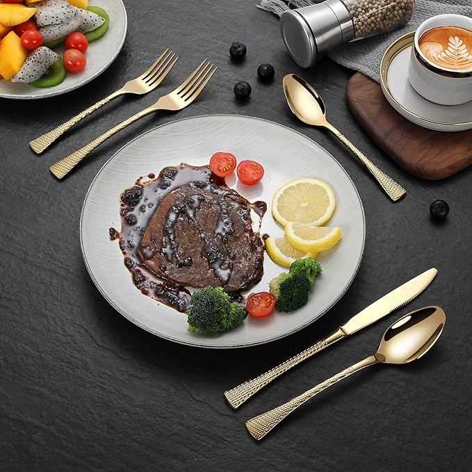 Hammered Gold Silverware Set,20 Piece Modern Flatware Set Service for 4,Mirror Polished Stainless Steel Cutlery Set Utensil Set Tableware Set,Kitchen Knives Forks Spoons Set,Dishwasher Safe