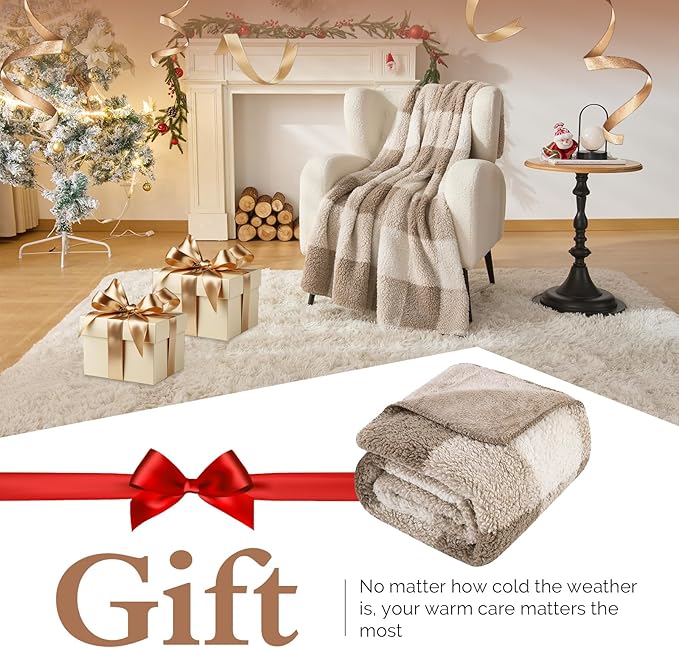 LURKA Checkered Sherpa Fleece Throw Blanket - Extra Thick and Warm Winter Soft Fuzzy Plush Blanket for Couches, Beds & Pets, Khaki, 50x60 Inches