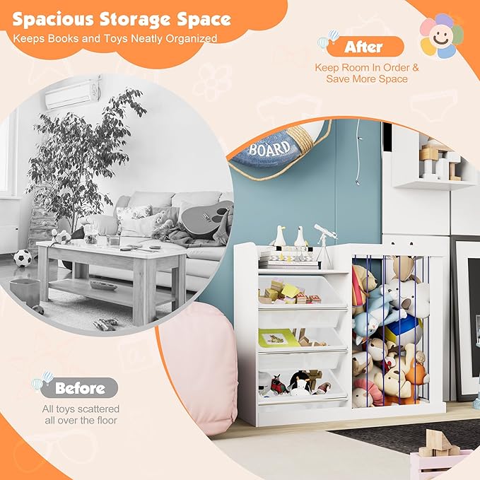 Kids Toy Storage Organizer with 3 Removable Plastic Bins Toddler Montessori Bookshelf with Stuffed Animal Net Holder Baby Bookcase Plush Organizer for Playroom,Bedroom,Kids Room,Classroom,Nursery