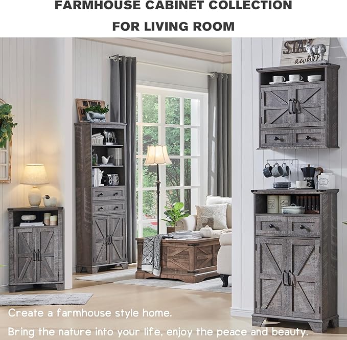 Bathroom Wall Cabinet, Farmhouse Medicine Cabinet, 24" Wide Cabinet with Drawer, Adjustable Shelf, Double Barn Doors, Storage Cabinet for Bathroom, Kitchen, Living Room, Grey Wash