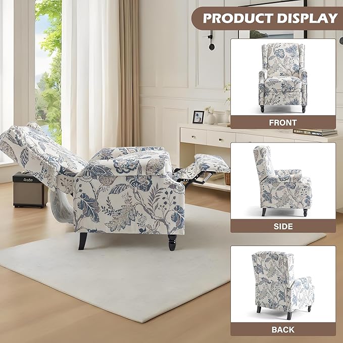 UIXE Floral Pushback Recliner Chairs Set of 2, Fabric Upholstered Armchair Push Back Accent Chair for Living Room, Rivet Trim Club Chair Home Theater Single Sofa Reading Seat - Blue Plants
