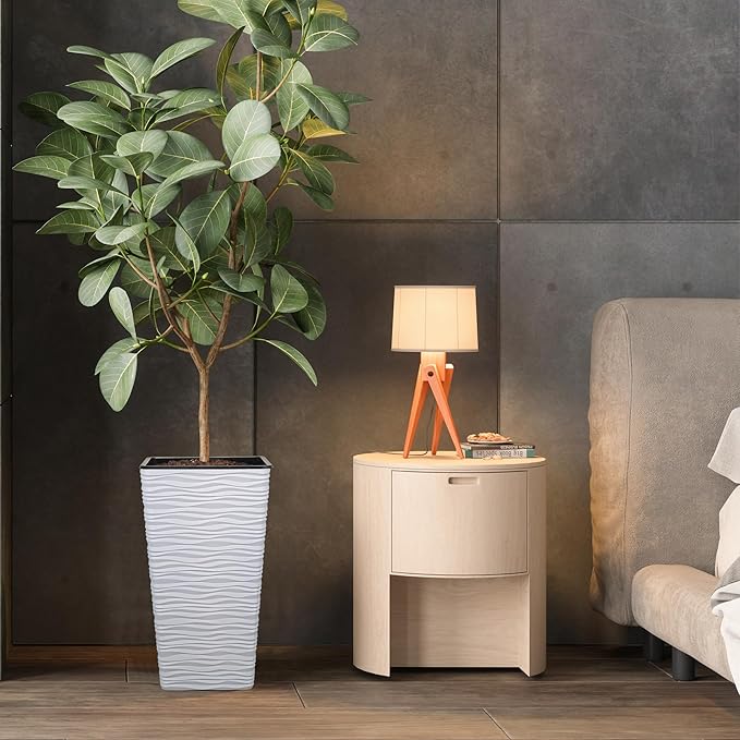 Worth Garden 2-Pack 22" H. White Square Tapered Planter with Inside Pots - Plastic Plant Pots for Indoor Outdoor - Modern Wavy Finish Decorative Flower Pots for Front Porch Containers Patio Deck