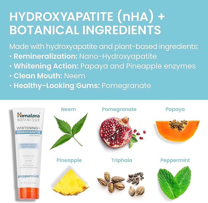 Himalaya Botanique Whitening + Hydroxyapatite Toothpaste, Peppermint - Nano Hydroxyapatite to Support Remineralization and Restore Enamel, Appropriate for Sensitive Teeth - Gluten Free, 4 oz, 4 Pack