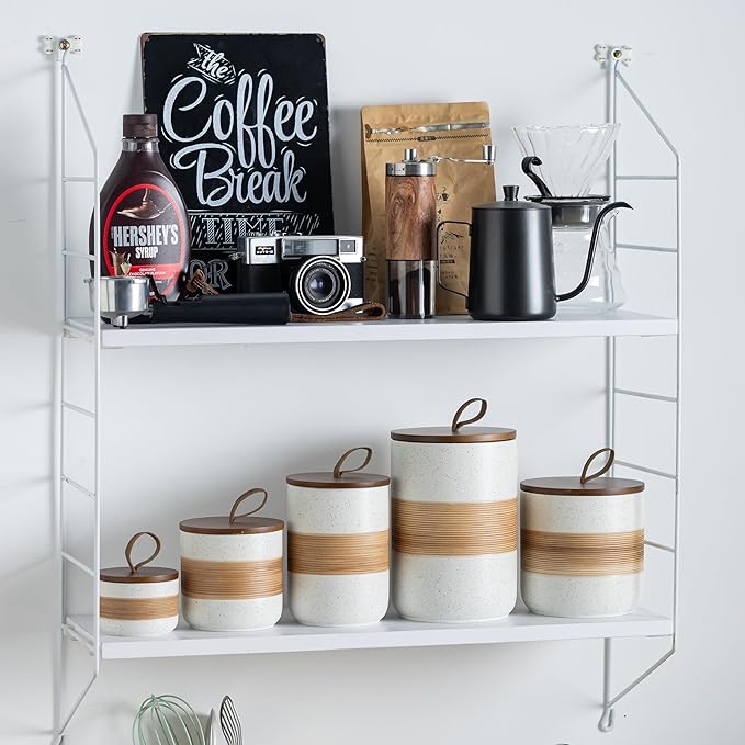 Spice Jars with Lid, Coffee Container Kitchen Food Storage Jars for Spice Sugar Tea Bag, Stackable Decorative Jars for Countertop, White & 37oz