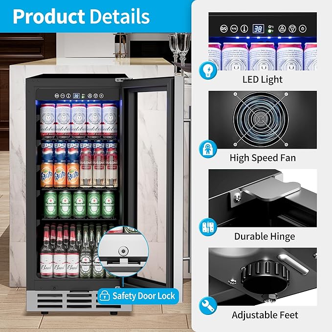 15 Inch Beverage Refrigerator Under Counter - 126 Cans Beverage Fridge with Glass Door for Beer Wine Soda - Built-in or Freestanding Wine Cooler with Safety Lock for Home Kitchen Bar