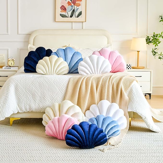 White Seashell Throw Pillows, Shell Shaped Throw Pillows, 13 Inch Soft Velvet Home Decorative Pillow Plush Cushion for Bed Couch Living Sofa Room Decor Accent Throw Pillow