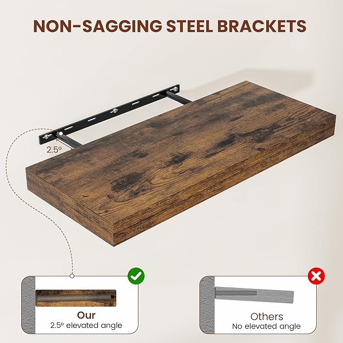 12" Deep Floating Shelves for Wall 55 Inches Long, Heavy Duty Wall Shelves for Bedroom Bathroom Kitchen Laundry Room, Farmhouse Rustic Shelves for Home Decor, 55" X 12" X 2" Set Of 2, Rustic Brown