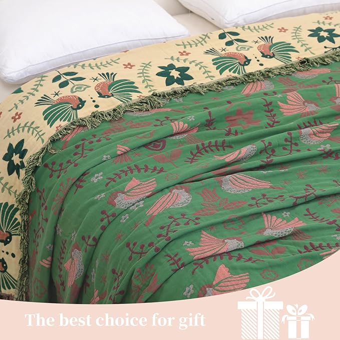 Boho Throw Blanket for Bed, 100% Pure Cotton Ultra Soft Rustic Quilt, Farmhouse Decor Bed Blankets, All Season Rustic Throw for Sofa Couch Chair(80''x 90'', Bird B)