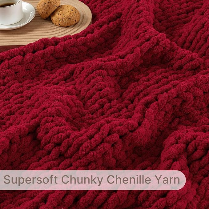Chunky Knit Blanket Throw, 100% Hand Knit Throw Blanket Handmade Chenille Cable Knit Throw for Couch, Stylish Cozy Soft Rope Knot Crochet Blanket for Home Decor, Red, 50x60 Inches