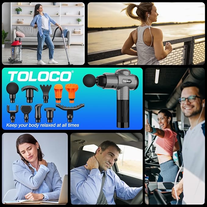 TOLOCO Massage Gun, Deep Tissue Back Massage for Athletes for Pain Relief, Percussion Massager with 10 Massages Heads & Silent Brushless Motor, Carbon