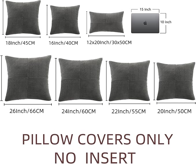 Fancy Homi 2 Packs Dark Gray Decorative Throw Pillow Covers 16x16 Inch for Living Room Couch Bed, Rustic Farmhouse Boho Home Decor, Soft Corss Patchwork Corduroy Textured Square Cushion Case 40x40 cm