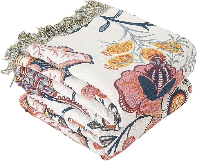 Snycler Boho Throw Blanket for Bed, 100% Organic Cotton Muslin Soft Throw-Floral Farmhouse Rustic Spring Summer Fall Decor Blanket for Couch Sofa Quilt and Gift, 60" x 80" White