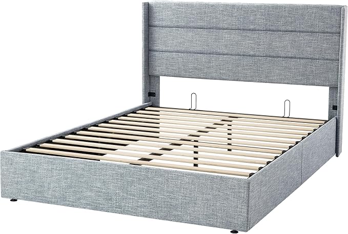 Allewie Full Size Lift Up Storage Bed, Modern Wingback Headboard, Hydraulic Support, No Box Spring Needed, Grey Blue