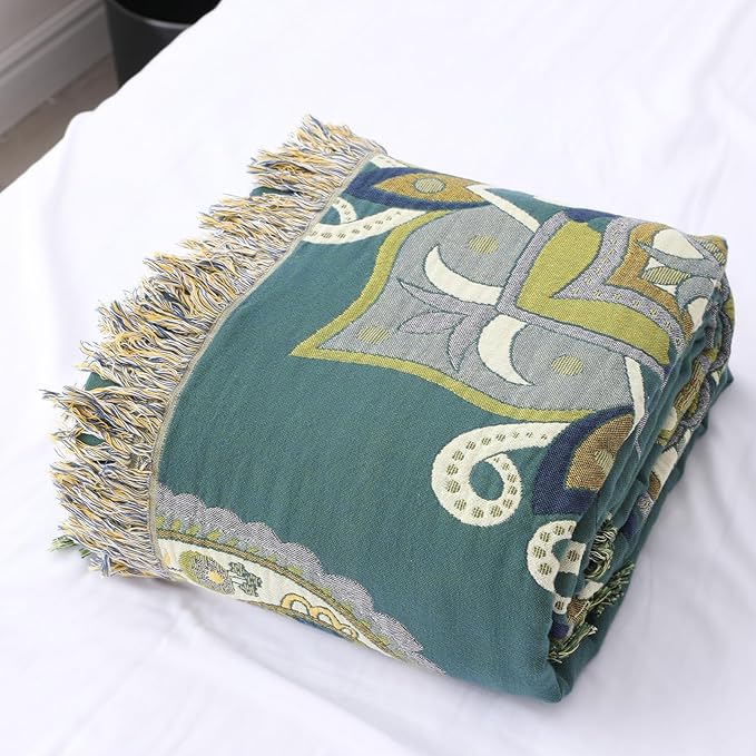 Snycler Boho Throw Blanket for Bed - 100% Cotton Ultra Soft Rustic Quilt - Green Boho Floral Printed Farmhouse Decor Bed Blankets, 80"×90" All Season Rustic Throw for Sofa Couch Chair