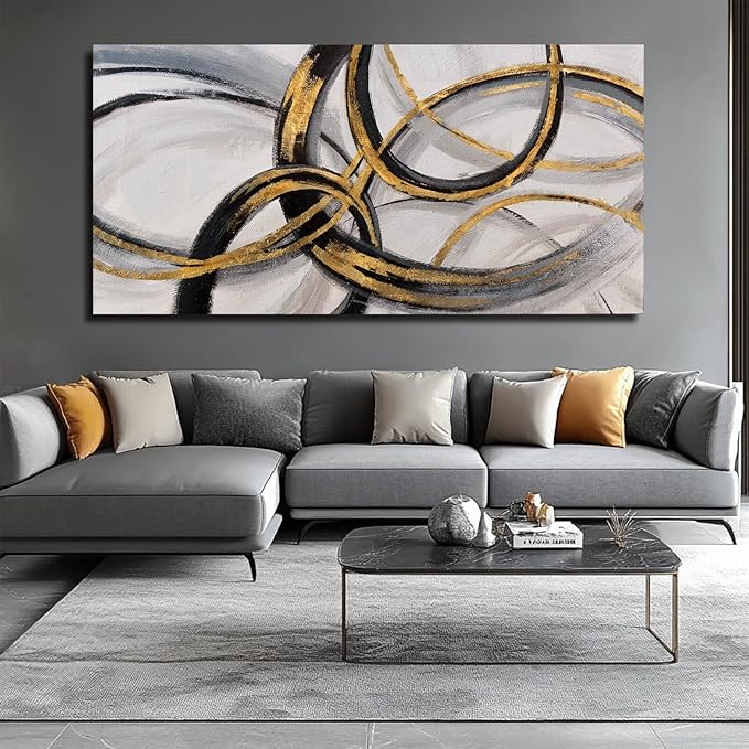 SOUGUAN Living Room Decor for Wall Abstract Wall Art 30x60in Black and Gold Wall Art Round Ring Wall Decoration for Bedroom Dining Room Home Office Ready to Hang