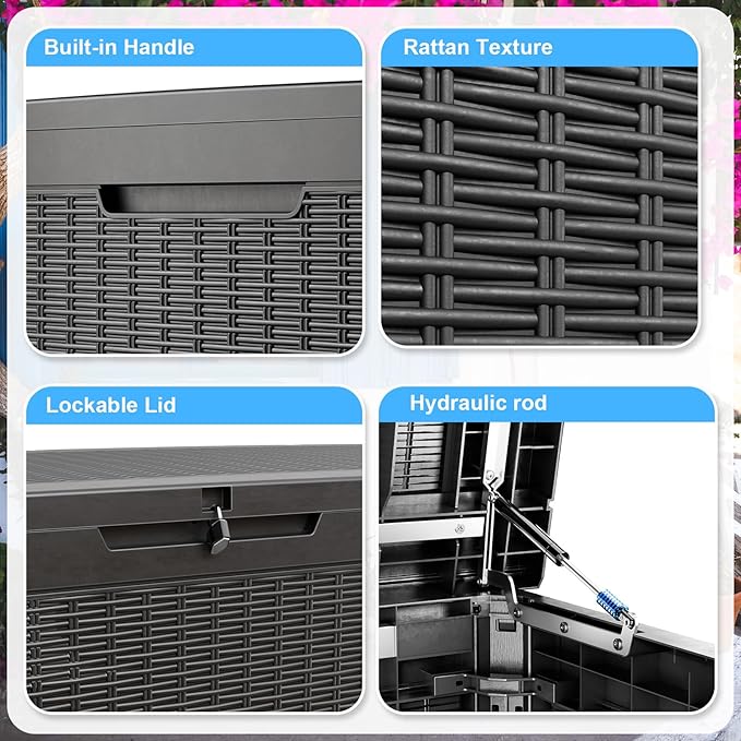 260 Gallon Large Resin Deck Box, Lockable Outdoor Storage Box for Patio Cushions Storage Furniture,Garden Tools, Pool Supplies, Weatherproof and UV Resistant-Black Rattan (260 Gallon)