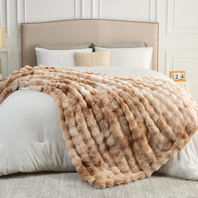 NEWCOSPLAY Faux Fur Throw Blanket Tie-dye Beige Luxury Fluffy Thick Warm Bubble Blanket for Couch Sofa Bed 700GSM (Tie-dye Beige, Throw(50"x60"))