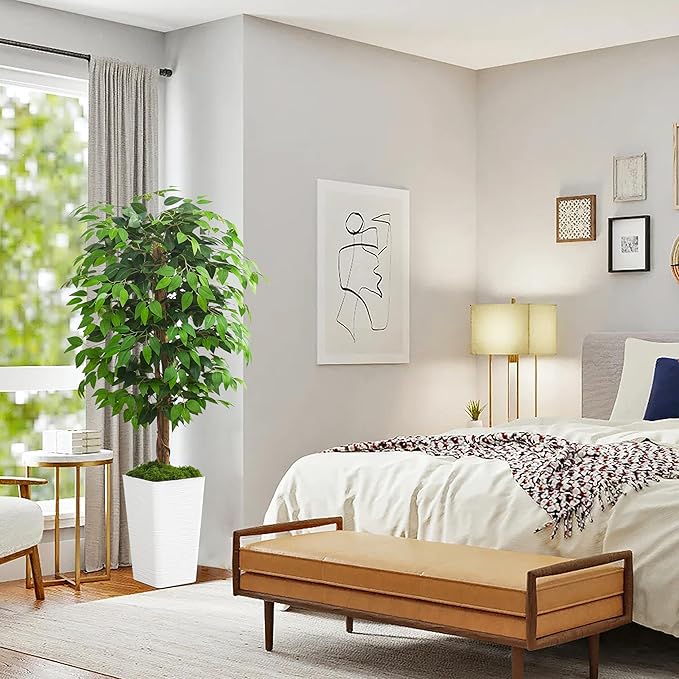 Artificial Ficus Tree 5FT Faux Floor Tree with Planter UV Resistant Potted Fake Silk Plant, Real Wood Trunk-Indoor Outdoor Lifelike Fake Ficus Tree for Home, Living Room Bedroom Topiary Tree