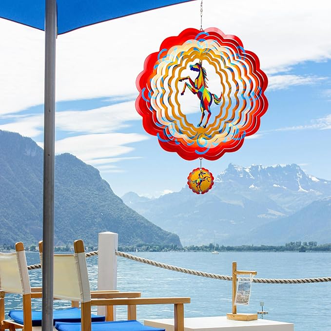 12 inch Horse 3D Stainless Steel Wind Spinners, Hanging Garden Spinner Kinetic Art Garden Decorations, Reflective Wind Sculpture for Indoor/Outdoor Decor