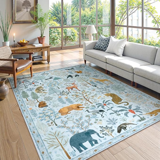 OJIA Animal Print Washable Area Rug 5x7, Soft Nursery Rugs for Living Room Ultra-Thin Non-Shedding Kids Bedroom Rug, Stain Resistant Throw Rug Large Carpet for Dining Room, Light Blue