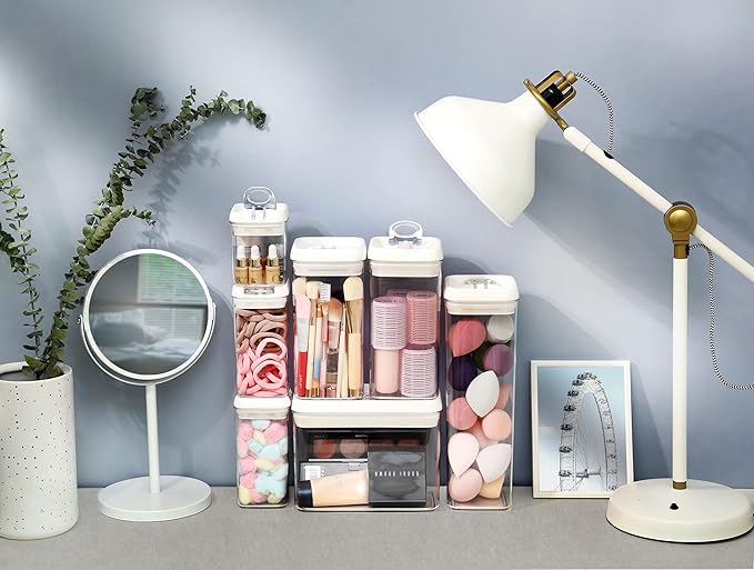 Felli Flip Tite Storage Container with Lid 4” RECTANGULAR Airtight Ring Flip Top, Stackable Kitchen Counter Pantry Organizer Acrylic Canister Jar for Pasta Spaghetti Cereal Granola Coffee (1.9qt)