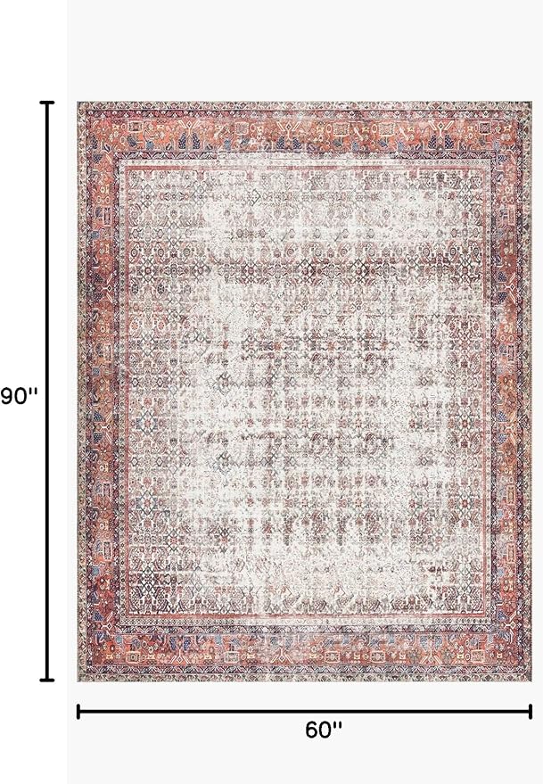 Loloi Layla Collection LAY-12 Ivory/Brick 5'-0" x 7'-6" .13" Thick Area Rug, Soft, Durable, Vintage Inspired, Distressed, Low Pile, Non-Shedding, Easy Clean, Printed, Living Room Rug