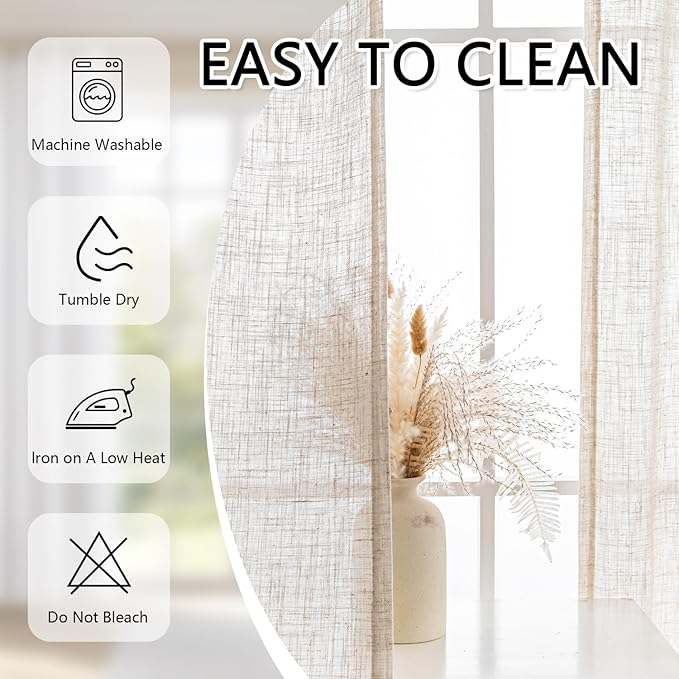 MYSKY HOME Linen Curtains for Living Room, Natural Semi Sheer Curtains & Drapes Light Filtering Farmhouse Country Boho Style Back Tab Draperies for Sliding Glass Door (Customsize, Linen)