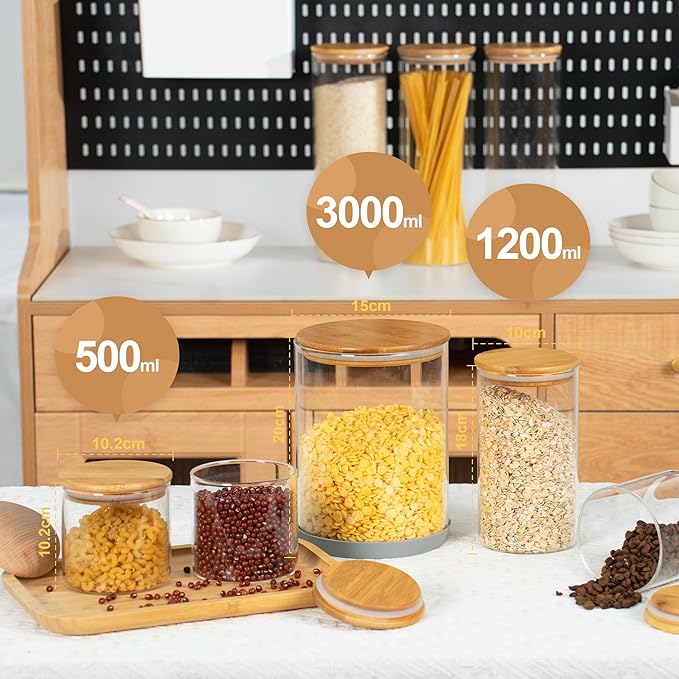 108oz 42oz Straight cylindrical Airtight Storage Jars with Bamboo Lid Set of 2 Large Storage Container Gallon Glass Jars, for Flour, Pasta and Coffee bean (with Black Lable)
