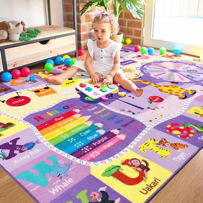 Kids Rugs for Playroom Bedroom Classroom Nursery, Non-Slip and Washable Rugs for Children Toddlers Girls, Educational and Fun Rug Carpets with ABC Alphabet Animals Shapes, 4x6, Purple
