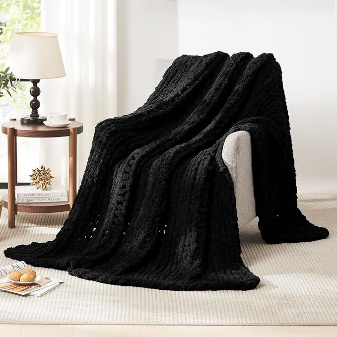 L'AGRATY Chunky Knit Blanket Throw: Soft Chenille Yarn Throw Blanket 50x60 - Handmade Thick Cable Crochet Blanket - Large Chunky Rope Throw Blanket for Couch Sofa Bed Home Decor(Black)