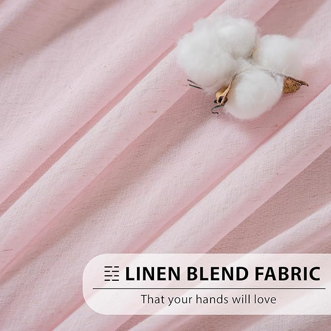 FMFUNCTEX Linen Sheer Curtains for Bedroom, Pink Curtains 84 inches Long for Living Room, Blush Pink Farmhouse French Flax Blend Window Draperies, Rod Pocket 2 Panels Set