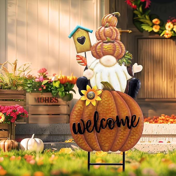 TERESA'S COLLECTIONS Fall Gnome Pumpkin Decorations for Outdoor Home, Metal Fall Decor Welcome Signs Stakes, Orange Autumn Yard Decor for Thanksgiving, Harvest Garden Patio Gift for Mom 25"