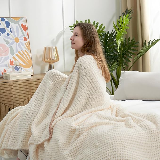 Snuggle Sac Cream Waffle Throw Blanket for Couch Bed Sofa 60x80 inches, Reversible Cream Blanket Microfiber Fluffy Fuzzy Cozy Knit Twin Blanket for Women Mothers Birthday Gifts