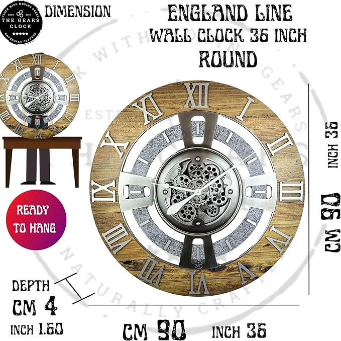 The Gears Clock Real Moving Gear Wall Clock England Line (Ocean Blue, 36 inches (90 cm))