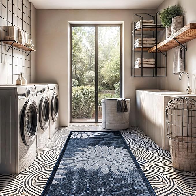 Beverly Rug Outdoor Runner Rug 2x7 Modern Floral Tropical Area Rugs for Indoor and Outdoor Patio Easy to Clean Non Shedding Living Room Porch Garden Washable Outside Carpet (2 x 7 Navy Blue)