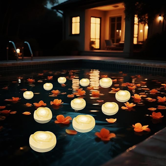 Aignis 12pcs Flameless LED Floating Candles, Ivory Rose Plastic Tealights Battery Operated, 120+ Hours Glow Time, Cozy Light for Romantic Pool/Bathtub/Hot Bath/Wedding Centerpiece Decor(D2.83*H1.42)