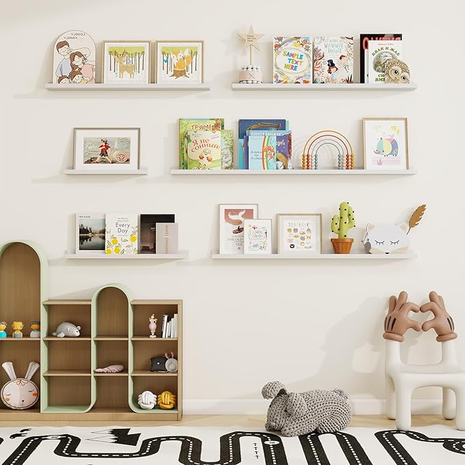 Picture Ledge Shelf, Solid Pine Wood Floating Shelves Set of 2, 40 Inches Nursery Book Shelves for Toys Storage, Kids Bookshelf Wall Mounted for Living Room Bedroom Decor Books Photo Frames, White