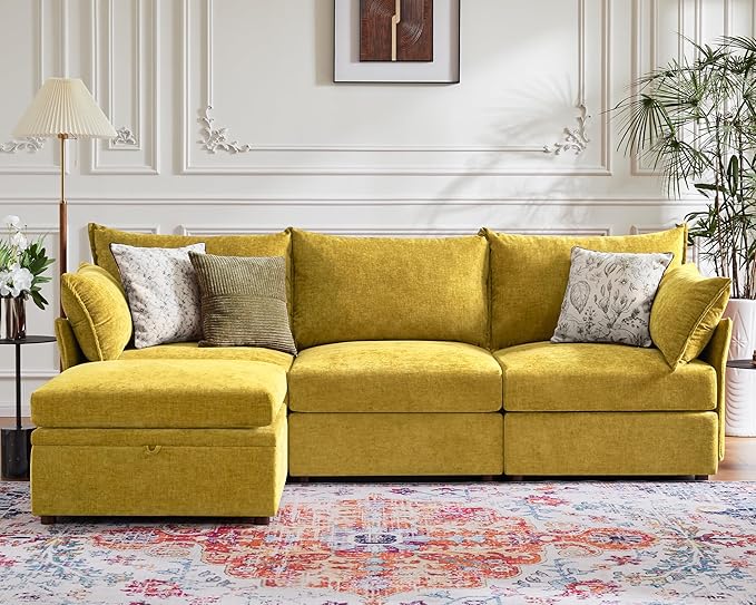 102.6" Modular Sectional Sofa, L Shaped Couch Set for Living Room, 3-Seater Comfy Cloud Couches with Movable Storage Ottoman,DIY Combination - Chenille Yellow