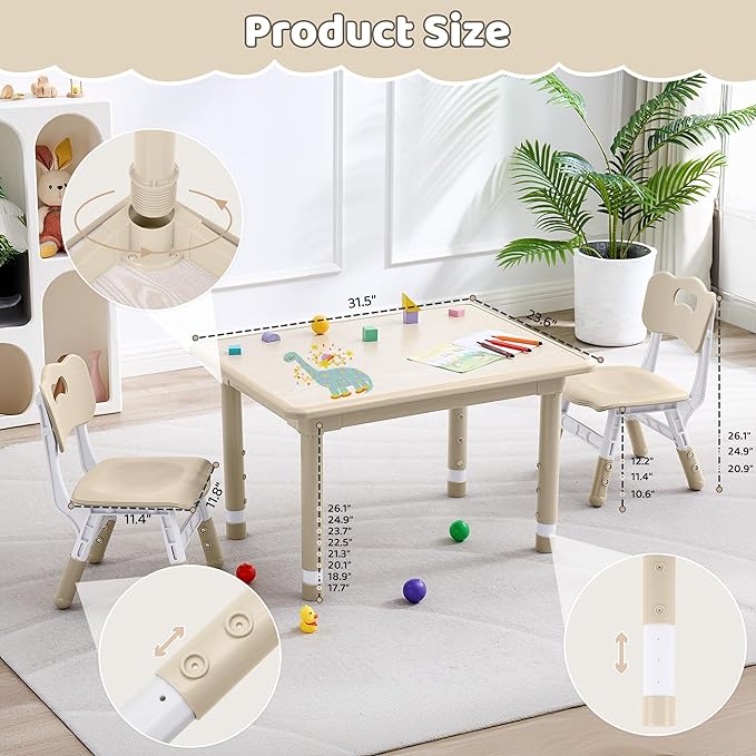 Kids Table and 2 Chairs Set, Height Adjustable (17.7"-26.1") Toddler Table and Chair Set, Multi-Activity Table with Graffiti Desktop, Children’s Table and Chairs for Classroom, Home & Daycare