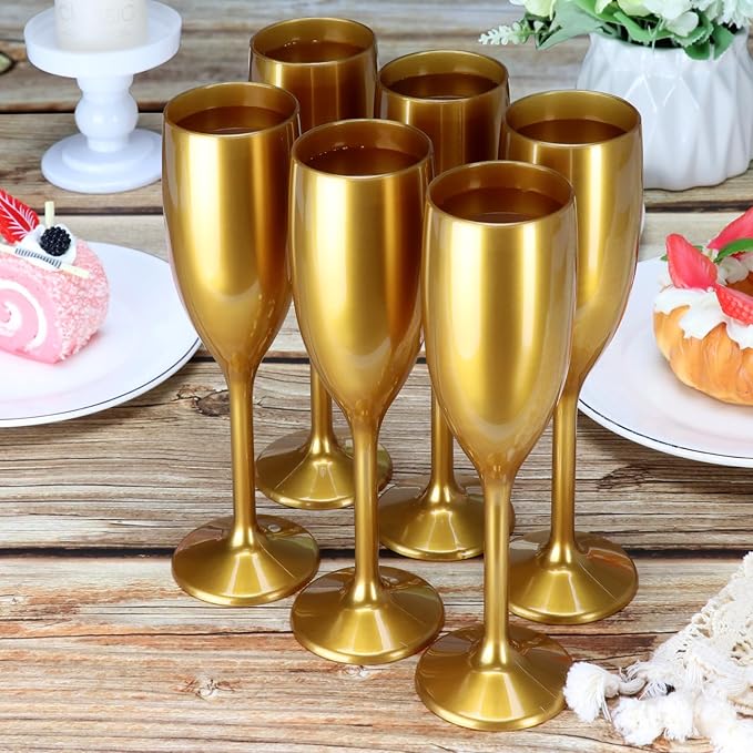 XUWAIDSGN Acrylic Champagne Flutes Toasting Glasses Unbreakable Mimosa Bar Reusable Wine Glasses Vintage Champagne Flutes Stemmed Drinking Cups 5.4 OZ for Christmas Birthday (24, Gold)