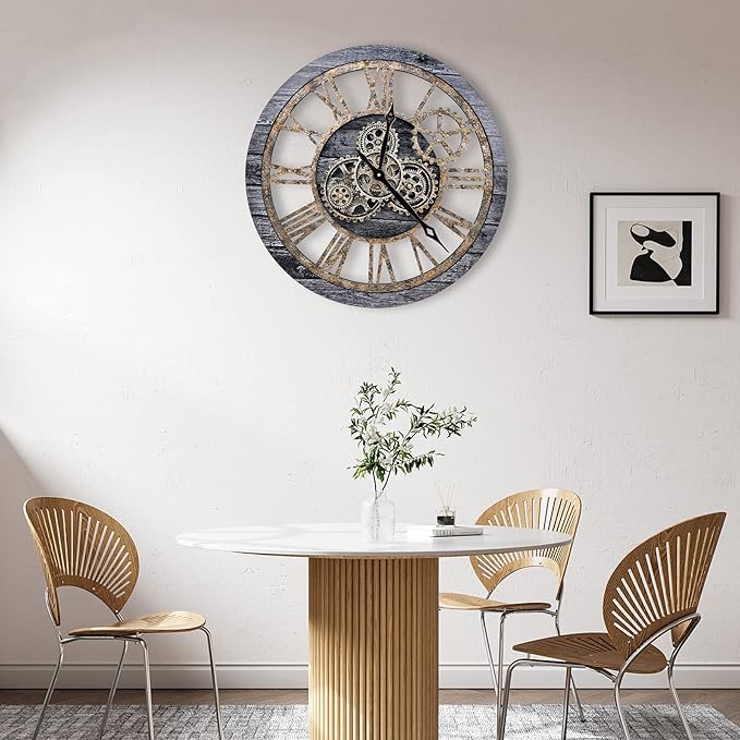 The B-Style Large Wall Clock 24 inch Moving Gear Wall Clock Oversized Vintage Farmhouse Wall Clocks for Living Room Decor Decorative Rustic Industrial Wood Clock (Carbon Gray)