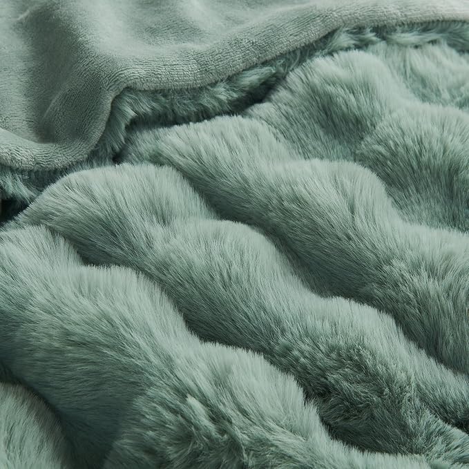 Lotus Karen Faux Fur Throw Blanket Sage Green - Big Bubble Rabbit Fluff Blanket for Couch Bed Sofa,Softest Fluffy Fuzzy Cozy Blanket,Plush Thick Furry Shaggy Warm Blankets for Women,108x90 Inches
