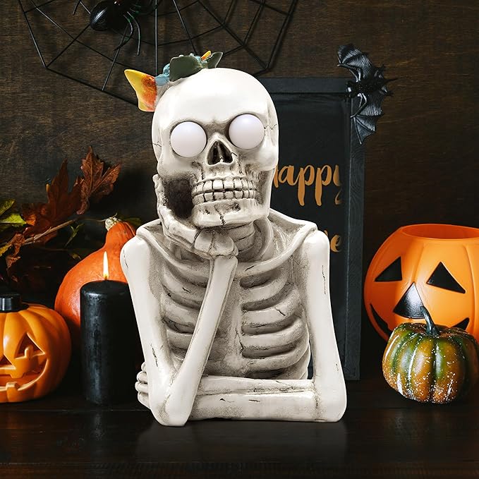 Halloween Skeleton Light Statue, Scary Resin Skull Figurines with Light Up Eyes Decorations for Home Table Kitchen Party Battery Operated Skull Lighting Changes Decor