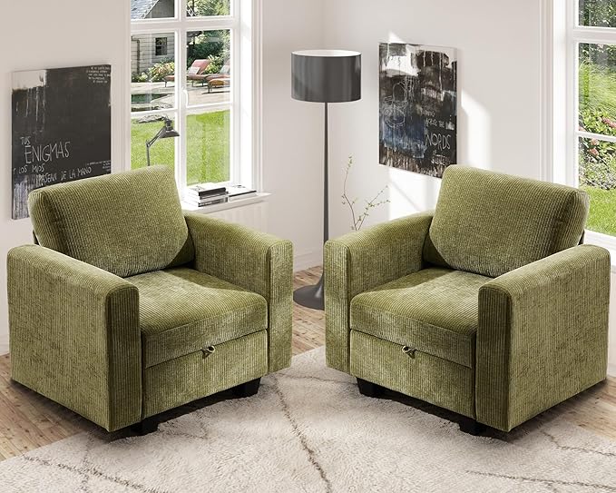 38.5 Oversized Accent Chair with Storage Green Corduroy Set of 2, Single Modern Accent Sofa Chair with Arms for Apartment Living Room (21" Deep Seat)