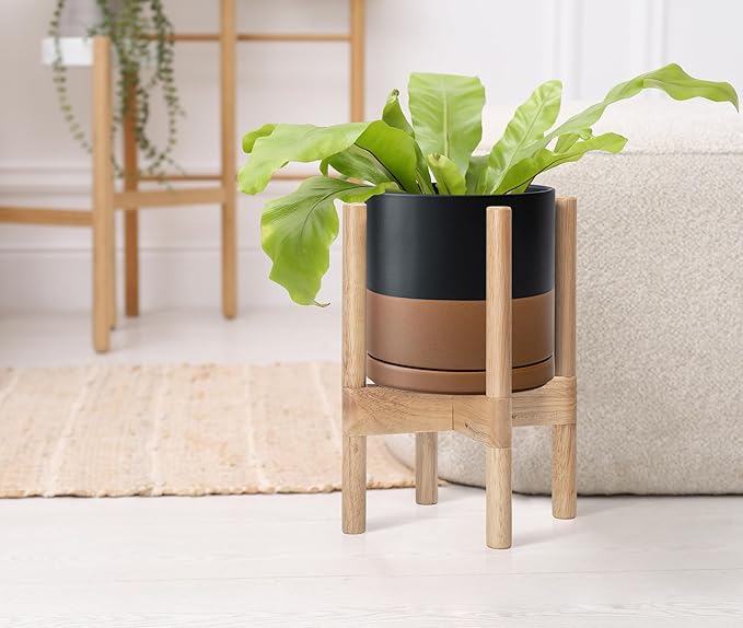 D'vine Dev Ceramic Planter with Natural Stand - 8 Inch Modern Round Flower Pot with Wood Planter Holder, Black/Speckled Tan, 55-B-N-7