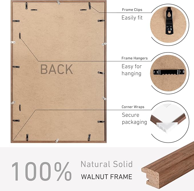 24x36 Poster Frame Set of 2 Natural Solid Walnut Photo Frames with 20x30 Removable Mat Wall Hanging Large Handcrafted Frame with HD Plexiglass Wall and Tabletop Display Large Picture Frame